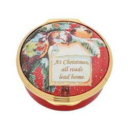 Halcyon Days red box with message "At Christmas all roads lead home"